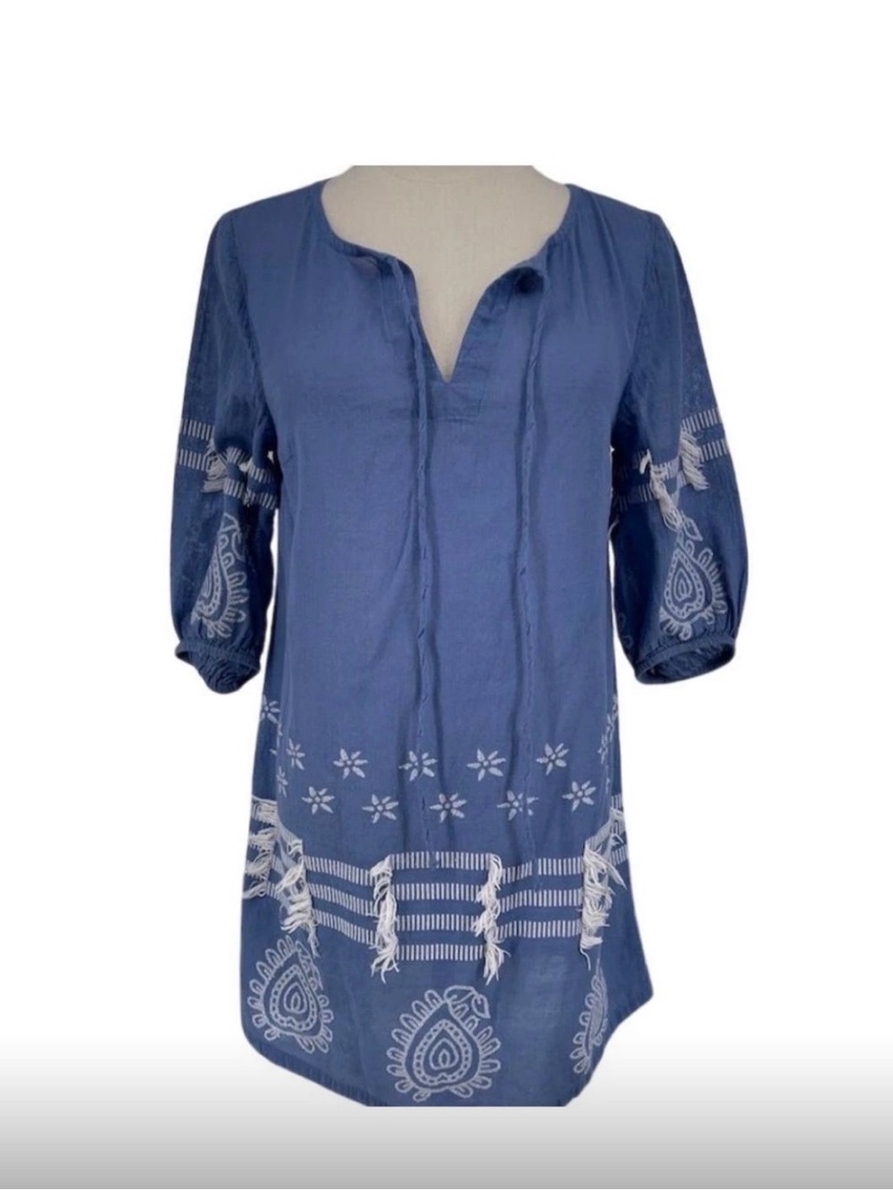 Tuckernuck Beach French Blue Anjuna Coverup L Embroidered 3/4 Sleeve Dress Nwot